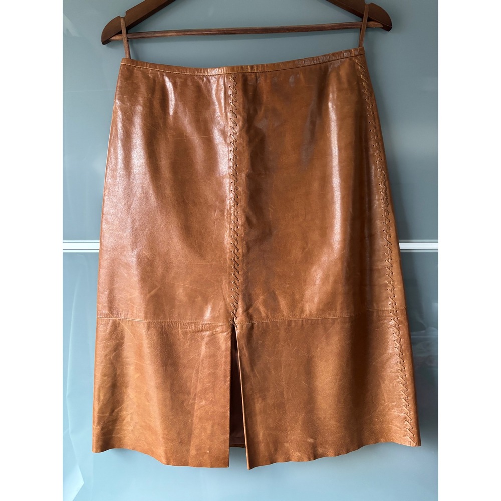 Banana Republic Brown Leather Whipstitch Midi Skirt Sz 6 western Cowgirl Y2K Vtg